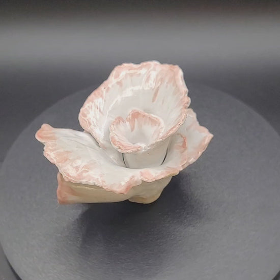 Vidéo sur support tournant de la rose en grès émaillé blanc et rose poudrée